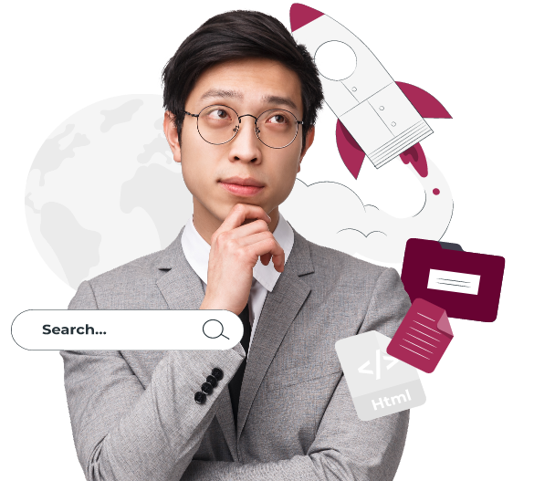 Asian man in suit thinking